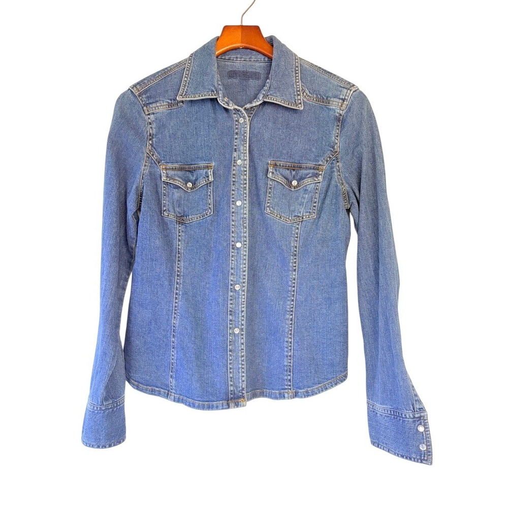 Vtg 90s Y2k Blue Denim Pearl Snap Western Shirt Long Sleeve Fitted M Cowgirl